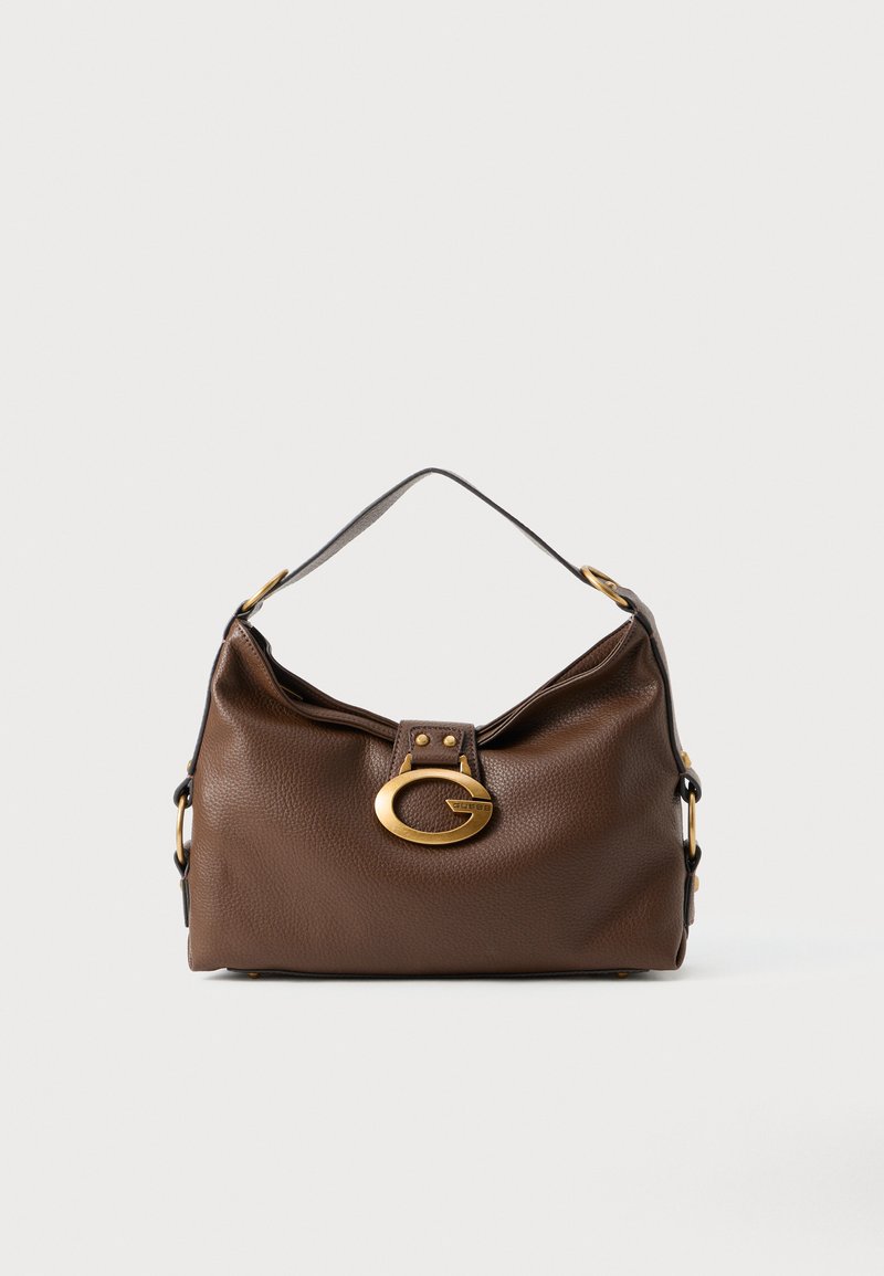 Borsa a mano in pelle marrone con una finitura testurizzata, dotata di un gancio in metallo dorato e di una singola tracolla curva.