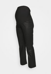 Pantaloni maternità neri con una cintura alta elasticizzata e gambe dritte su uno sfondo bianco uniforme.