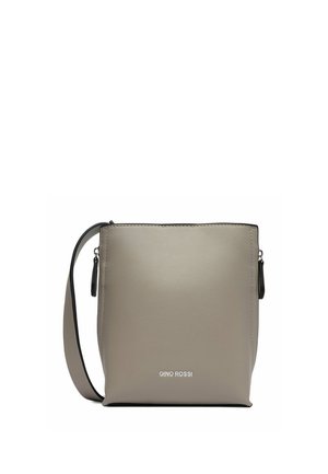 Szara prostokątna torebka na ramię z czarnymi krawędziami i paskiem, z suwakiem u góry oraz srebrnym logo "GINO ROSSI" na przodzie.