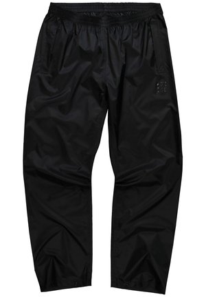Schwarze, elastische Hosen mit Gummizug aus einem glatten, glänzenden Material. Mit seitlichen Taschen und einem dezenten Logo-Detail auf der Vorderseite.