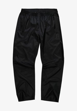 Black, elastic-waist trousers made from a smooth, shiny material. Features side pockets and a subtle logo detail on the front.