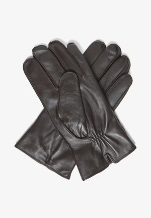 Gants en cuir marron avec une texture lisse, présentant une zone de poignet froncée et un design classique à cinq doigts.