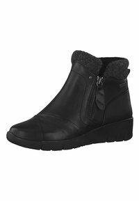 Bottines en cuir noir avec un col en fourrure grise, fermeture éclair sur le côté, bout rond et semelle texturée pour une meilleure traction.