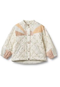 Quiltet jakke i cremefarvet med blomsterprint. Har patchworkdesign i pastelfarver, ribbede detaljer på ærmerne og trykknaplukning.