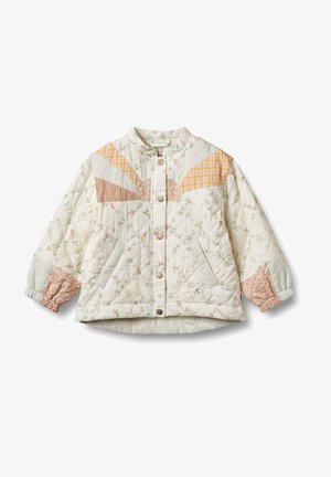 Veste matelassée en crème avec imprimé floral. Présente un design en patchwork aux couleurs pastel, des accents côtelés sur les manches, et une fermeture à boutons-pression.