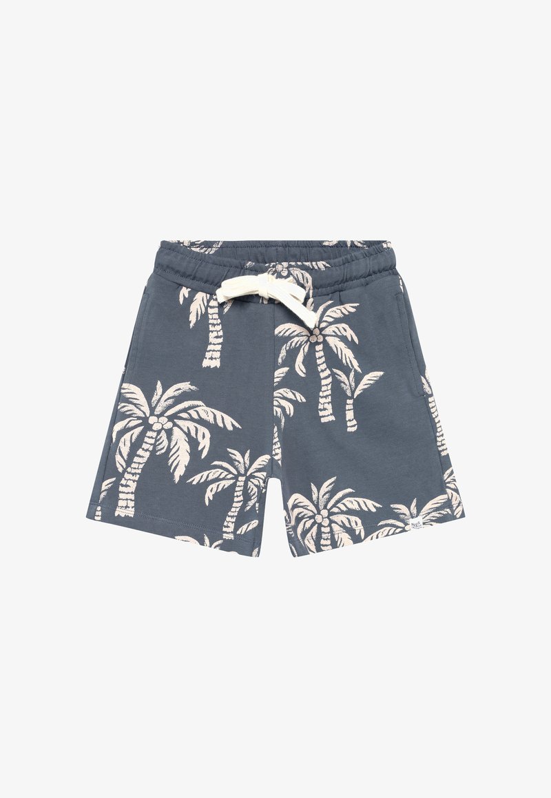 Shorts imprimés de palmiers bleus avec un cordon blanc. Dotés d'une taille élastique et de poches latérales. Matière douce en mélange de coton.
