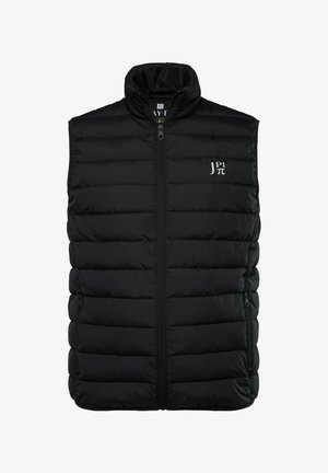 Zwarte gewatteerde vest met hoge kraag, voorrits en twee zijzakken met rits. Bevat een subtiel logo op de borst. Gladde, lichte stof.