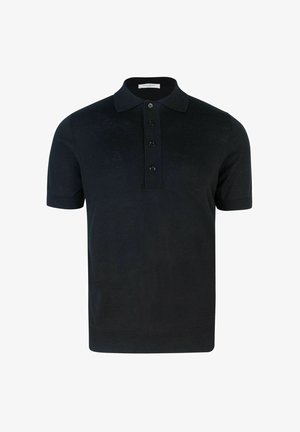 Polo shirt nero a maniche corte realizzato in tessuto texturizzato, con colletto classico e quattro bottoni frontali, dotato di bordatura a coste sulle maniche.