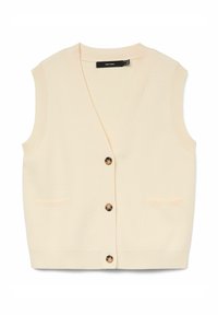 Gilet sans manches couleur crème avec un col en V, doté de cinq boutons, d'emmanchures côtelées et de deux poches avant. Texture douce.