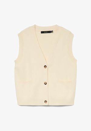 Cream-colored sleeveless vest with a V-neck, featuring five buttons, ribbed armholes, and two front pockets. Soft texture.