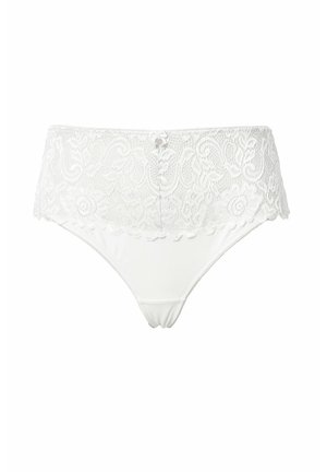 White lace high-waisted underwear featuring a floral pattern, scalloped edges, and a small button detail at the center front.