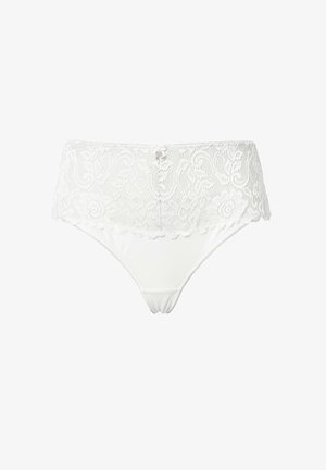 White lace high-waisted underwear featuring a floral pattern, scalloped edges, and a small button detail at the center front.