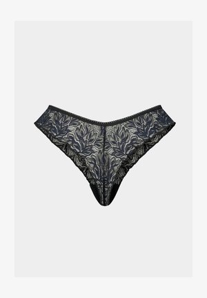 Zwarte kant string met ingewikkelde bladdesigns, voorzien van een golvende rand en een zachte textuur. Het ontwerp heeft een effen zwarte tailleband.
