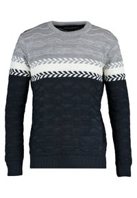 Pull pour homme avec un design à rayures en gris, blanc et bleu marine, avec des motifs en tricot texturés et des poignets et ourlet côtelés.