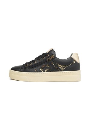 Schwarze Leder-Sneaker mit goldenen Glitzerakzenten, einem seitlichen Reißverschluss, runder Spitze und einer crèmefarbenen Plateausohle.