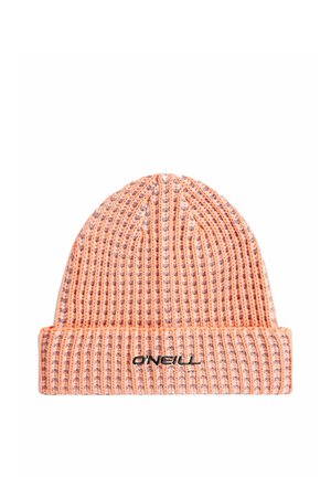 Knitted ribbed orange and gray beanie with folded cuff and black "O'NEILL" logo embroidered on the front.
