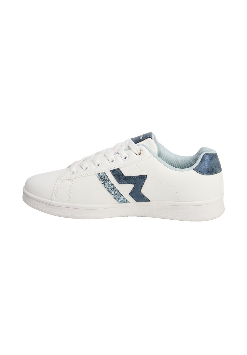 Sneaker bianca con design di lacci, caratterizzata da un'accelerazione blu e testurizzata sul lato e un tab di tallone blu metallizzato. Materiale liscio, suola piatta.