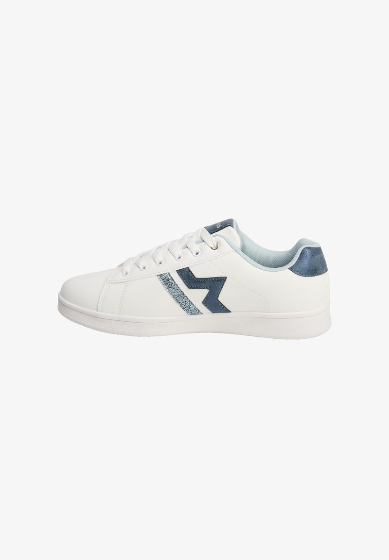 Weißer Sneaker mit Schnürdesign, ausgestattet mit einem blauen und strukturierten Akzent an der Seite und einer metallisch blauen Fersenschlaufe. Glattes Material, flache Sohle.