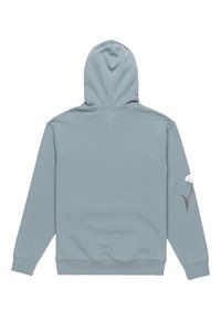 Light blue hoodie featuring a front kangaroo pocket, drawstring hood, and floral embroidery on the left sleeve. Cotton blend fabric.