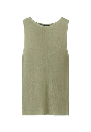 Bezrękawnik dzianinowy w jasnym oliwkowym kolorze, z okrągłym dekoltem i prostym dołem.