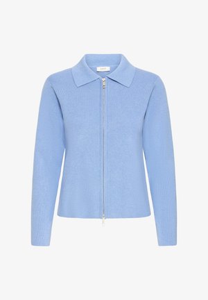 Cardigan albastru deschis cu fermoar, guler plat, mâneci lungi, textură tip rețea și detaliu de fermoar argintiu pe partea din față.