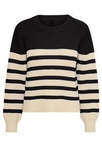 Stickad tröja i svart och krämfärgad med horisontella ränder. Har en ribbad struktur och rund halsringning. Klassisk passform med långa ärmar.