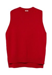 Roter ärmelloser Strickpullover mit rundem Ausschnitt, gerippten Kanten und einem lockeren Schnitt, mit einer auffälligen einfarbigen Optik und glatter Textur.