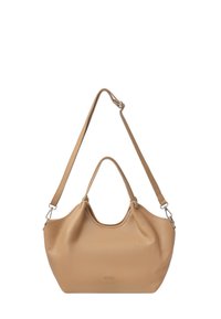 Light brown leather handbag with short handles and long adjustable shoulder strap, featuring a small silver brand logo on the front.