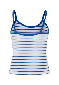 Stripet tanktopp i hvit og blå. Har tynne stropper, ribbet tekstur og en tettsittende design. Horisontale striper jevnt fordelt.