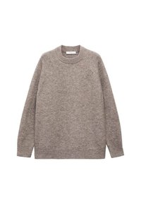 Hellbrauner Strickpullover, Rundhalsausschnitt, gerippte Bündchen und Saum, weiche Textur, Raglanärmel, minimalistisches Design ohne Muster.