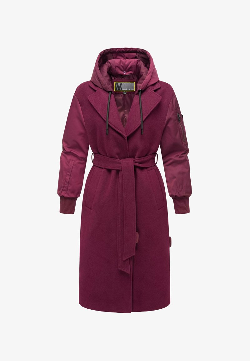 Burgundy coat with a hood, long sleeves, and a belt. Features a wool exterior, padded interior, and elastic cuffs. Includes side pockets.