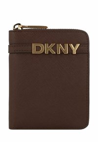 Brown leather wallet with a textured finish, gold-tone "DKNY" logo on the front, and a zip closure along the top edge.
