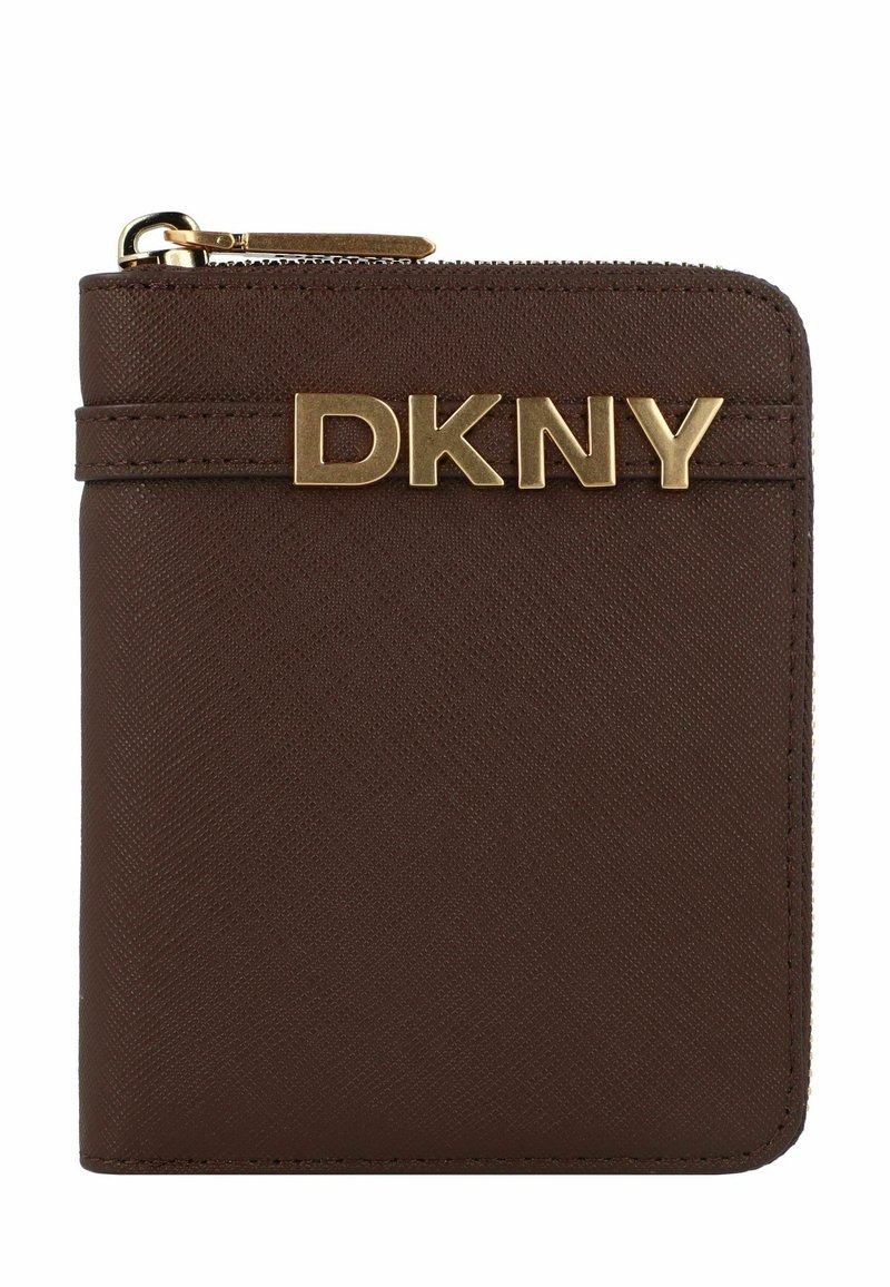 Brown leather wallet with a textured finish, gold-tone "DKNY" logo on the front, and a zip closure along the top edge.