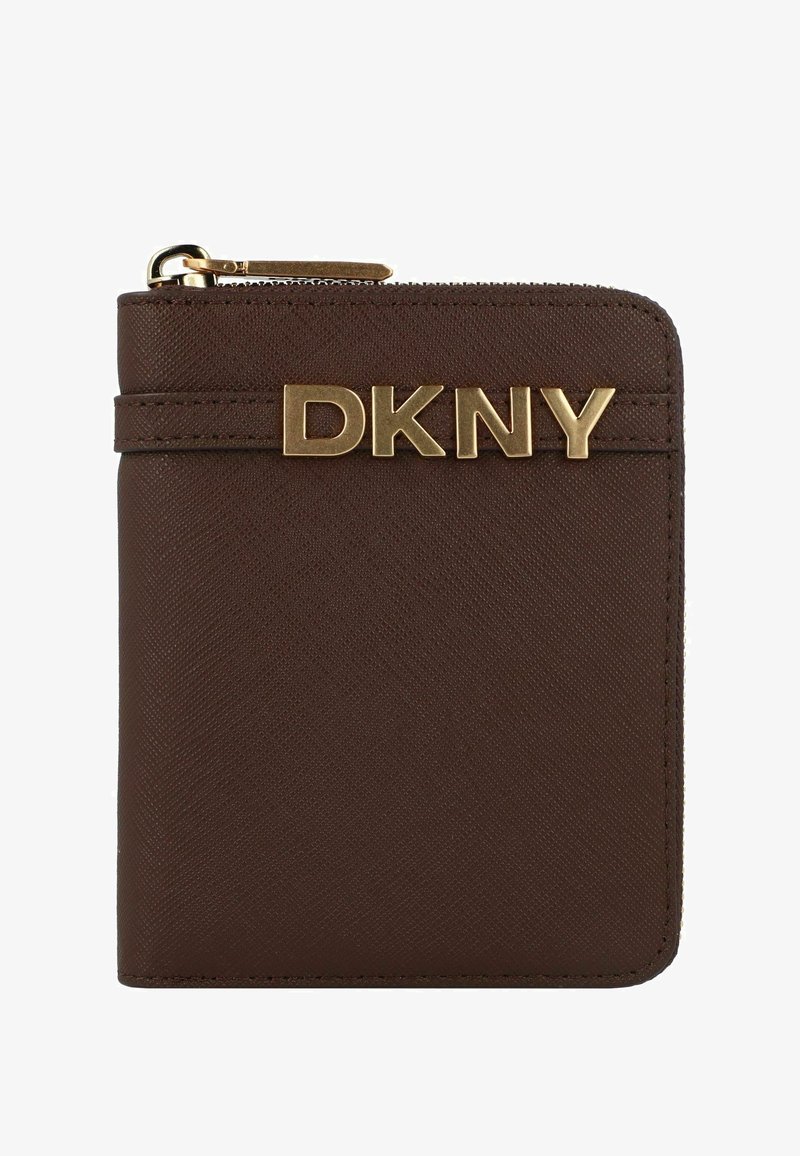 Brown leather wallet with a textured finish, gold-tone "DKNY" logo on the front, and a zip closure along the top edge.