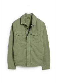 Olivově zelená volnočasová bunda s předním zipem a cvočky, dvěmi kapsami na hrudi s klopou, dlouhými rukávy a klasickým límcem.