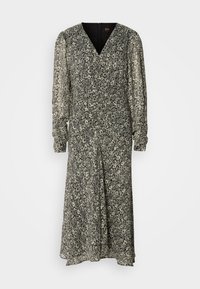 Robe longue à imprimé floral noir et blanc avec un profond décolleté en V, des manches bouffantes et une fermeture éclair au dos. Tissu doux et fluide.