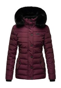Maroon puffer jacket with a black faux fur trim, quilted design, front snap buttons, and two side pockets. Features ribbed cuffs.