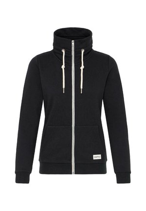 Black zip-up hoodie made of soft fabric, features a high collar, drawstring, and front pockets. Logo patch at the lower left corner.