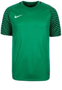 Grøn Nike Dri-FIT sport t-shirt med korte sorte stribede ærmer, rund krave og glat stoftekstur. Ingen yderligere accenter.