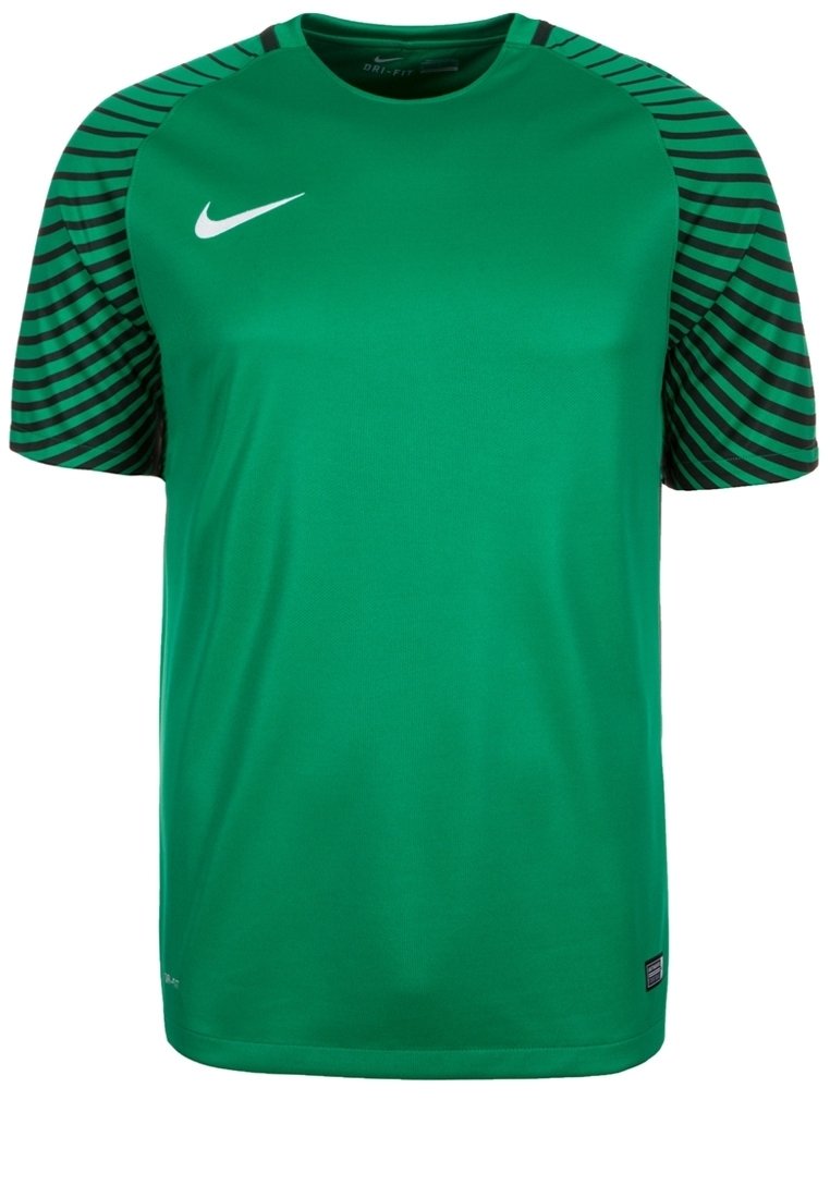 Grøn Nike Dri-FIT sport t-shirt med korte sorte stribede ærmer, rund krave og glat stoftekstur. Ingen yderligere accenter.
