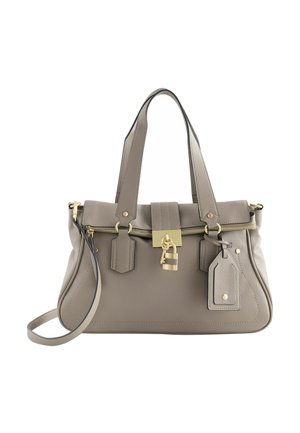 Szara skórzana torebka z metalowymi, złotymi elementami, podwójnymi uchwytami i zapięciem na zamek błyskawiczny. Posiada odpinany pasek oraz metkę z ozdobą w kształcie kłódki.