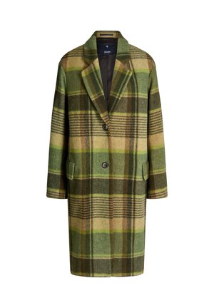 Geruite wollen jas in groene, bruine en gele tinten. Voorzien van een reverskraag, twee voorzakken en een sluiting met drie knopen.