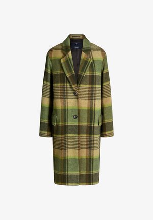 Geruite wollen jas in groene, bruine en gele tinten. Voorzien van een reverskraag, twee voorzakken en een sluiting met drie knopen.