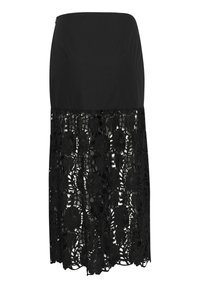 Black skirt with a smooth top and intricate floral lace overlay at the bottom, featuring a textured pattern throughout.