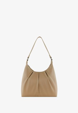 Beige Ledertasche mit gefaltetem Design und einem einzelnen Schulterriemen. Verfügt über dezente Branding auf der Vorderseite und eine glatte Textur.