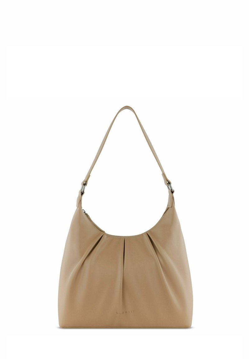 Borsa a spalla in pelle beige con design a pieghe e una strap singola. Presenta un branding sottile sul davanti e una texture liscia.