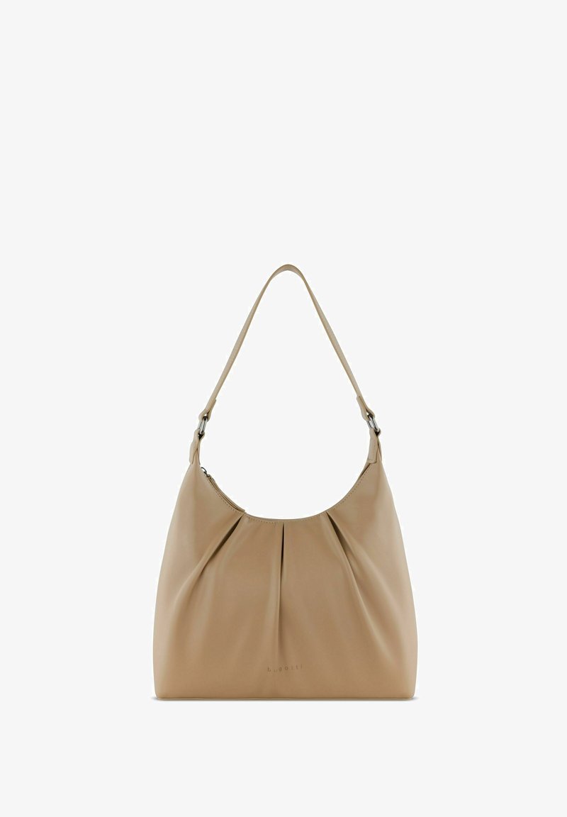 Borsa a spalla in pelle beige con design a pieghe e una strap singola. Presenta un branding sottile sul davanti e una texture liscia.
