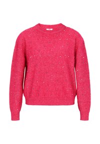 Rózsaszín kötött pulóver kerek nyakkal, színes gyöngyökkel díszítve, bordázott mandzsettákkal és szegéllyel. Puha tapintású.