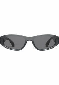 Pelēkas saulesbrilles ar elegantu, stūrveida dizainu. Rāmim ir spīdīga apdare un tumši tonēti stikli, ar izliektiem uzliktņiem, kas nodrošina labu pielāgošanos.