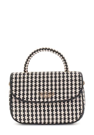Sac à main tissé en noir et crème avec une forme structurée, doté d'une poignée tressée, d'un logo doré et d'une fermeture à rabat magnétique.
